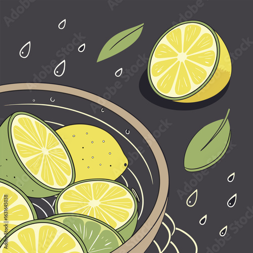 A stylized illustration of a bowl filled with sliced lemons and limes with leaves and water droplets