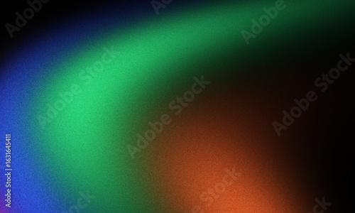 Blue and green glowing shape on black grainy background, orange texture gradient with blur light poster layout