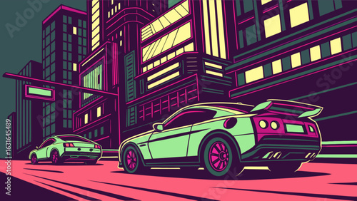 Retro futuristic city at night with sports car driving on the street with neon lights and colorful buildings in the background, vector illustration