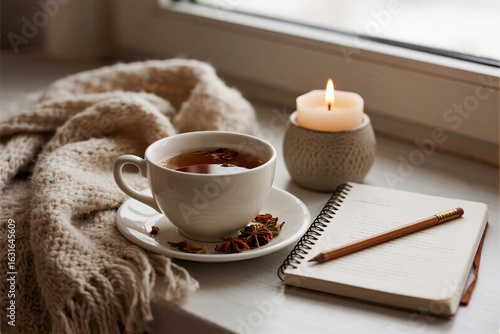 Cozy self-care winter morning flat lay with herbal white tea, ceramic candle holder, vintage journal, woolen scarf, pencil and soft daylight from window for calm ambiance