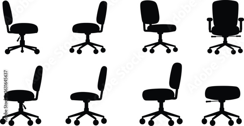 Black silhouette office chair vector icons – adjustable swivel desk chairs with wheels