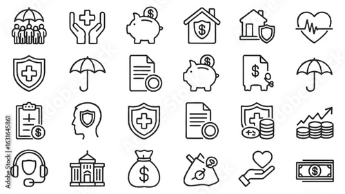 Financial and insurance icons set silhouette