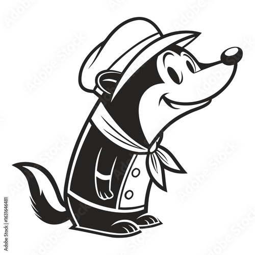 A cheerful cartoon skunk in a sailor's hat and scarf
