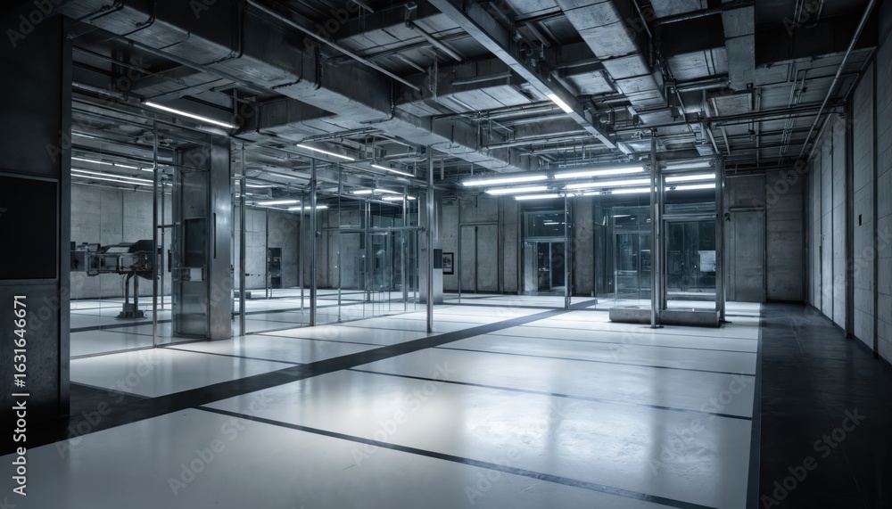 Obraz premium Spacious modern industrial interior with glowing floor, glass walls. Features exposed ceilings, ductwork, minimalist design. Clean, bright, open workspace, ideal for contemporary office factory