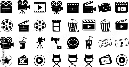 cinema, movie, video, icons, signs, symbols, black and white, vector graphics


