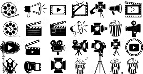 cinema, movie, video, icons, signs, symbols, black and white, vector graphics

