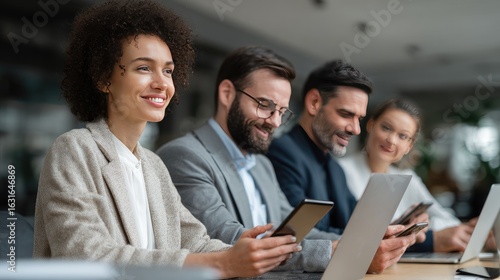 A group of people working in a technology-centric environment, using smartphones, tablets and laptops. The first image shows silence or isolation even when together, while the second image shows posit