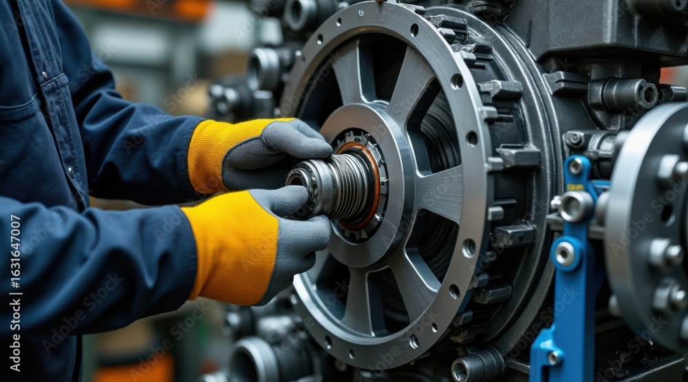 Fototapeta premium Skilled mechanic carefully assembling complex industrial machinery