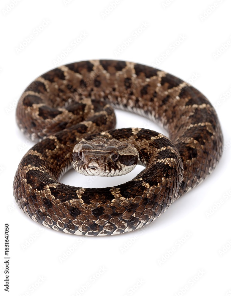 Fototapeta premium Coiled snake, brown and gray scales