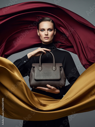 A striking portrait of a woman holding a brown leather handbag, surrounded by flowing red and gold fabrics
