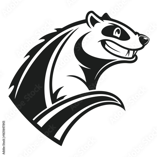Stylized monochrome illustration of a smiling weasel head