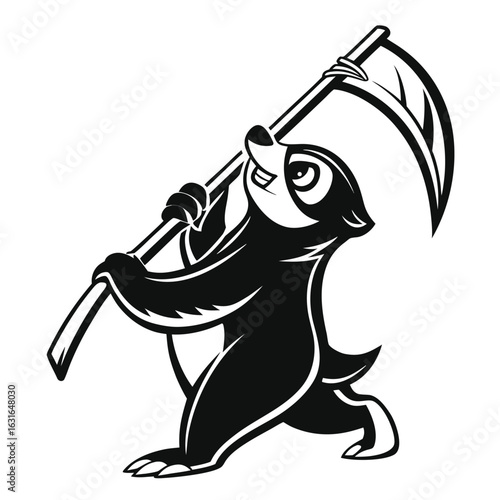 Black and white graphic of a cartoon animal holding a scythe