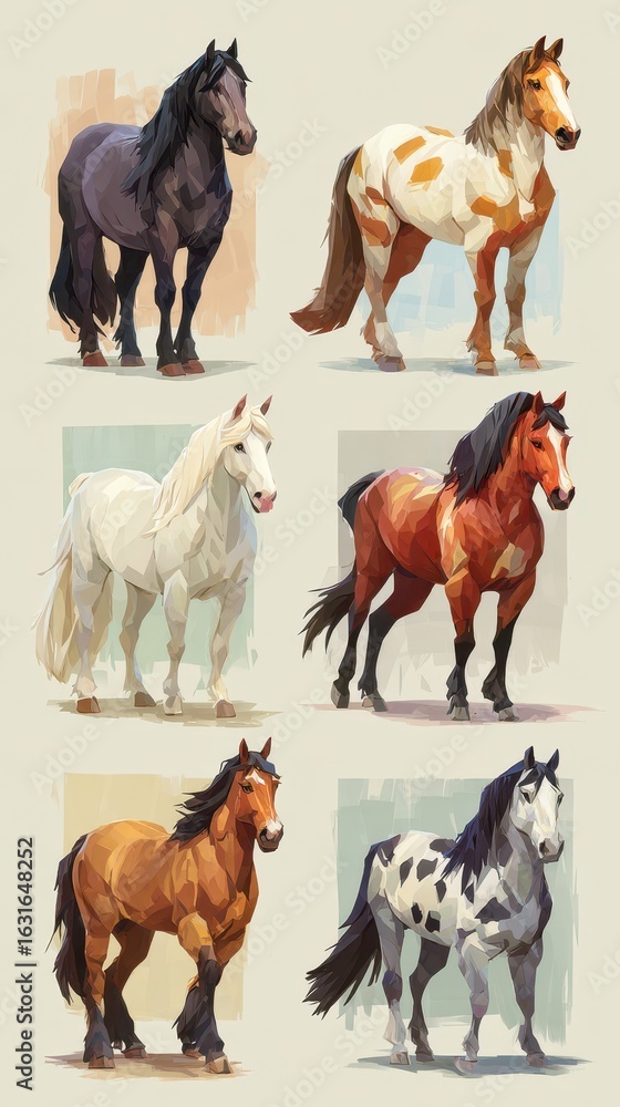 Fototapeta premium Various horse breeds in vibrant artwork showcasing their unique colors and features in a visually engaging display