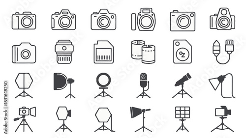 Minimalist line art icons of photography and videography equipment silhouette
