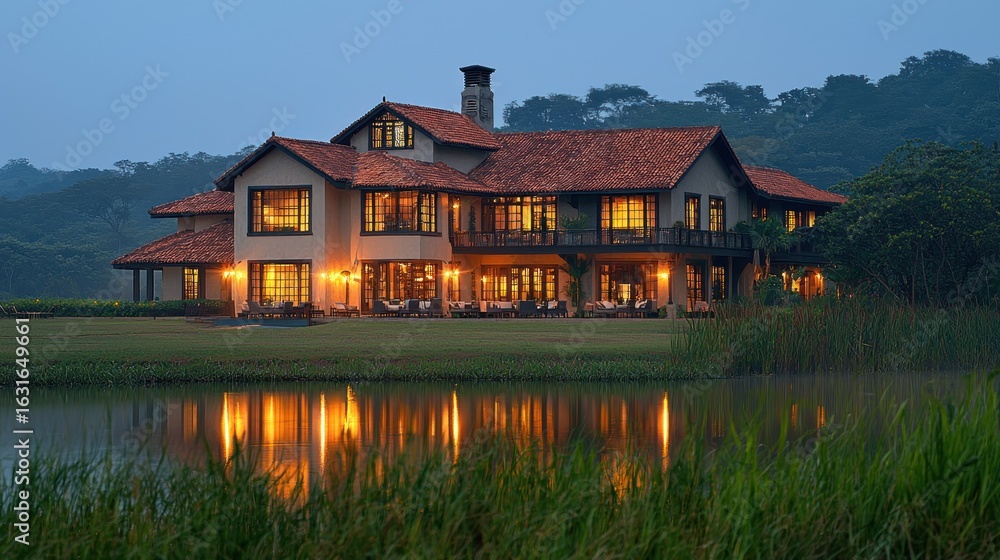 Obraz premium Luxurious estate home at twilight, reflecting on tranquil lake