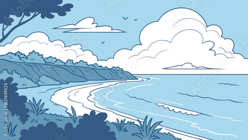 Illustration of a cozy room with an armchair, blanket, book, windows, and a bookcase with books inside