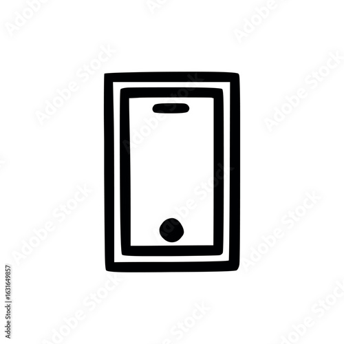 A simple black and white drawing of a smartphone with a home button and speaker outline design icon