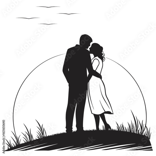 Silhouette of a couple kissing on a hilltop under a moon