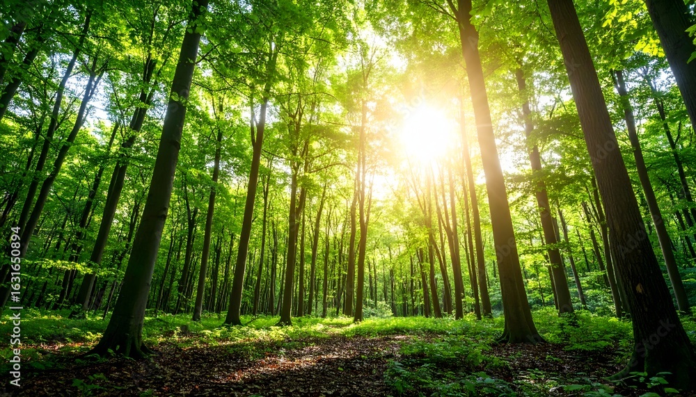 Naklejka premium Golden sunlight beaming through a lush green forest canopy, illuminating a tranquil path. A beautiful natural scene of serenity and renewal.