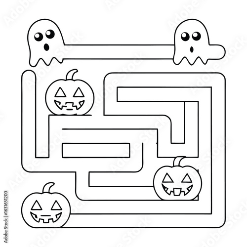 Halloween maze game with ghosts and jack-o-lanterns for children labyrinth puzzle