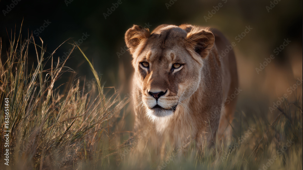 Fototapeta premium Lioness Stalking Prey Tall Grass Dramatic