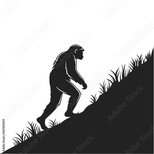Silhouette of hominid ascending grassy hill
