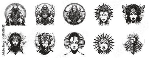 Powerful Giant Druid Prophetic Queen Oracle Empress Paladin of the Sun logo illustration set collection representing wise rulers divine seers and radiant guardians