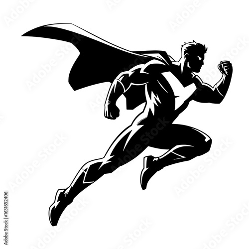 Superhero in action pose: monochrome vector illustration of running hero with flowing cape. Black and white graphic, dynamic character design for comics, apparel, or superhero branding.