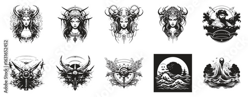 Heroic Demon Priestess Steel Sultana of Chill Plant Invoker Fool Chaotic Prince Viewer logo illustration set collection representing a blend of powerful mystics elemental rulers