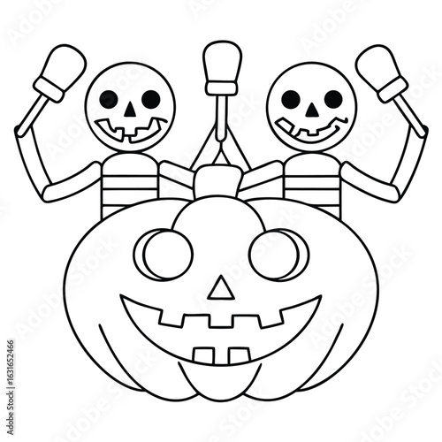 Two Skeleton Figures Holding Up a Jack-o- Lantern with Mittens on Sticks Keywords: halloween, skeleton, jack-o-lantern, pumpkin, spooky, scary, costume, holiday, autumn, fall