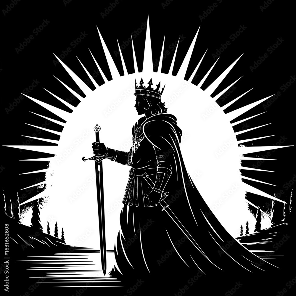 Fototapeta premium Monochrome vector illustration: Silhouetted king with crown, sword, and cape against a radiant sunburst backdrop. Medieval, fantasy art style featuring stylized trees and landscape. Black and white gr