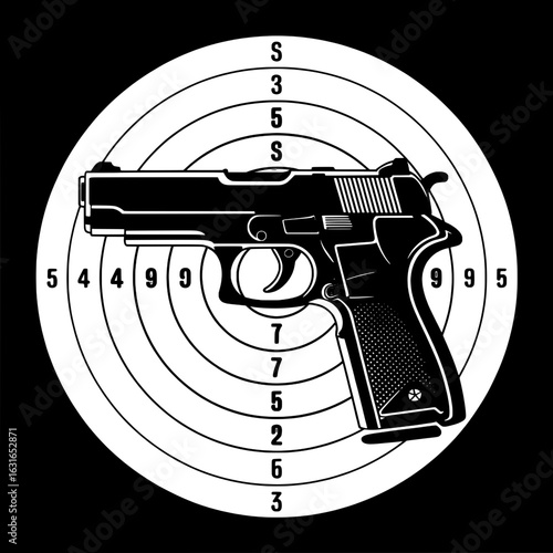 Monochrome vector illustration of a handgun superimposed on a shooting target. Graphic features numbers, concentric circles, and a pistol silhouette. Design elements for shooting sports, gun safety, o