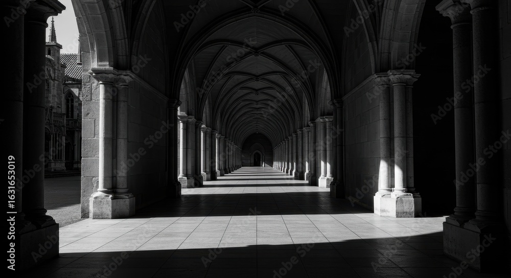 Fototapeta premium Endless Gothic Cloister with Rhythmic Light and Shadow Perspective