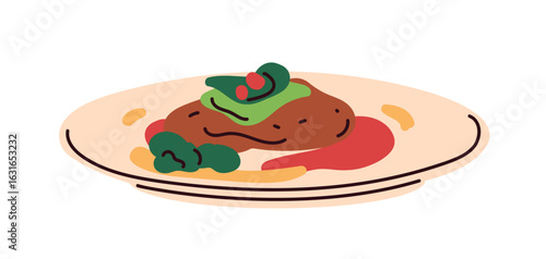 Food on plate. Dinner dish, cooked meal. Meat, vegetables, herbs and sauces. Eating, culinary delicacy, delicious lunch with beef and greens. Flat vector illustration isolated on white background