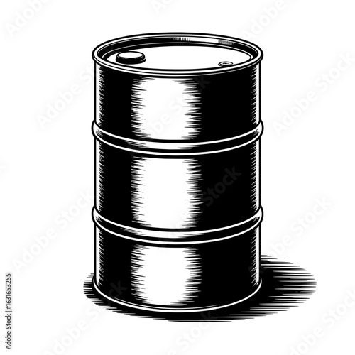 Vintage monochrome illustration of a metal oil drum or barrel. Retro woodcut style, detailed vector graphic of a storage container with lid, rings, and textured shading. Industrial, storage, and fuel 