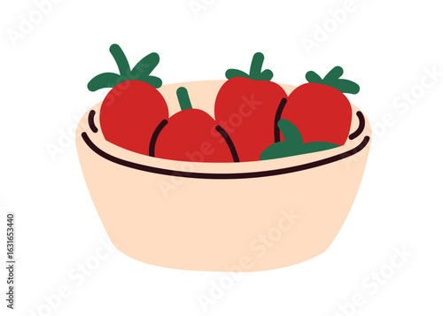 Strawberry in bowl. Fresh red berries, summer food, natural healthy vitamins. Ripe fruit eating, farm garden dessert, tasty snack. Flat vector illustration isolated on white background