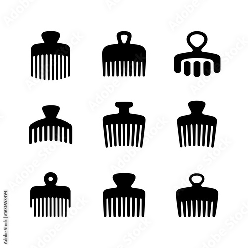 Afro comb icon set. Collection of nine black and white vector afro pick hair comb silhouettes. Simple, minimalist, and flat design. Beauty, hair care, African culture symbols. Design elements set.