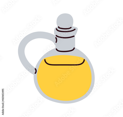 Olive vegetable oil in glass jug, storage bottle, kitchen container. Cooking fat liquid condiment, dressing. Culinary extra virgin ingredient. Flat vector illustration isolated on white background
