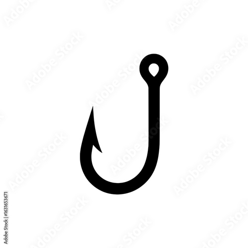 Simple black and white vector illustration of a fishing hook. Minimalist icon design, single fish hook graphic isolated on a white background.  Sharp barb, curved shape.