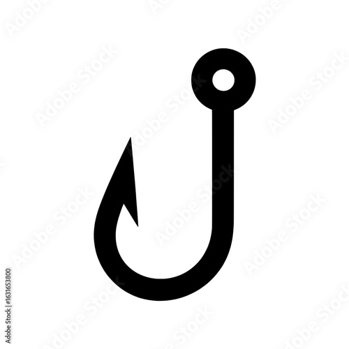 Simple black and white vector illustration of a fishing hook. Monochrome icon of a fish hook with a barb and an eye. Minimalist graphic design element for fishing, angling, or nautical themes.
