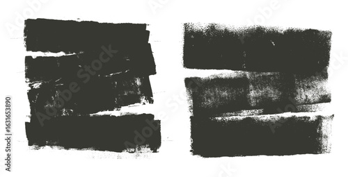Ink text boxes labels. Streaks and callouts tag set. Grunge brush paint stokes. Brayer ink black lines. Thick paint rolled stripe stamps. Chalk wide underlines Vector smear banners on white background