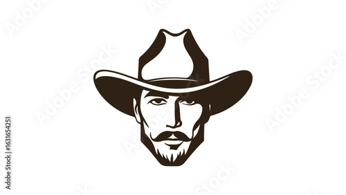cowboy face shape with stylish hat, black and white silhouette of a cowboy person face