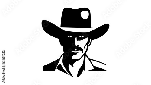 black silhouette of a cowboy person, black and white shape of a person with cowboy style clothes and hat staring  