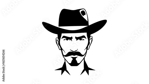 little bit angry person with mustache and cowboy hat staring shape vector illustration, simple black and white cowboy face shape with old west hat on the head