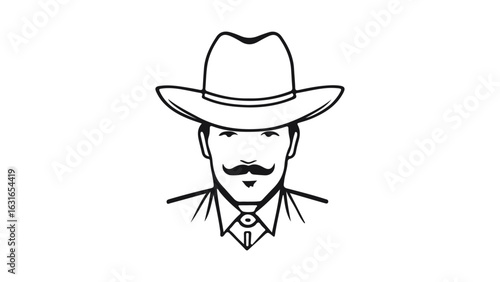 Western Cowboy With Hat and Mustache in Retro Illustration Style, Detailed black and white illustration of a classic cowboy with a wide-brimmed hat and a neat mustache