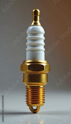 Close-up of single gold-plated spark plug, isolated , white background, macro, detail
