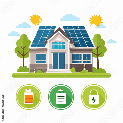 Vector icons of sustainable house with solar panels and green energy systems, perfect for eco campaigns.