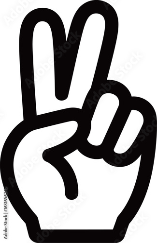 An outline illustration of a peace sign or victory gesture, symbolizing peace, victory, and success with hand-drawn, cartoonish elements.