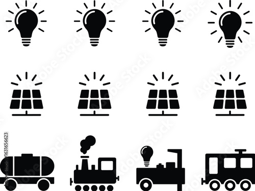 Energy and transport icons, solar panel, light bulb, renewable energy symbols, electric power illustration, fuel tank, train engine vector