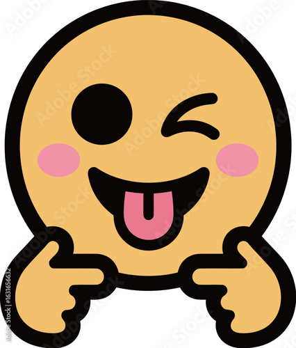 A playful and cute cartoon emoji winking and pointing at itself, conveying feelings of mischief, shyness, or a cheeky, humorous expression with a simple design.